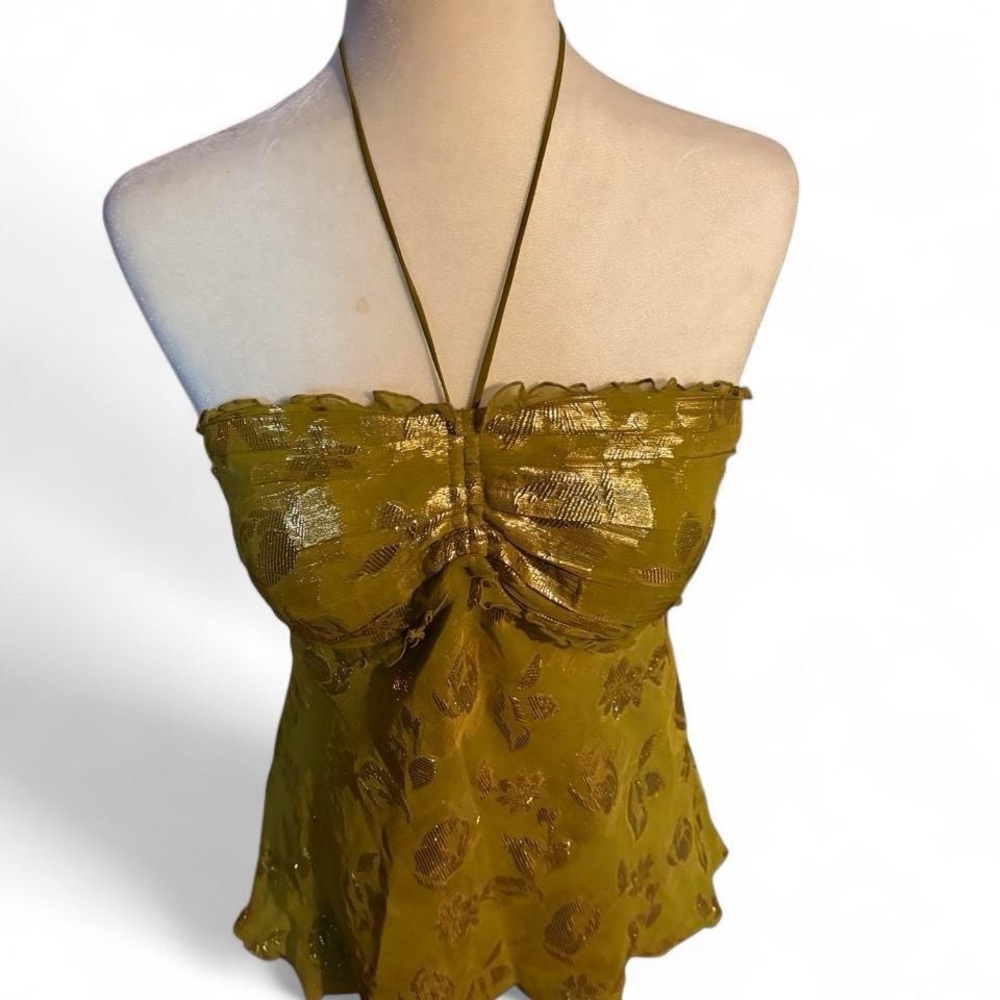Arden B Olive Green Strapless Halter Top with Metallic Jacquard Size L